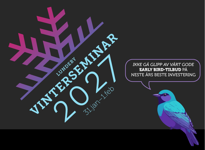 header image with the seminars logo and an illustrated bird saying ikke gå glipp av vårt gåde tilbud